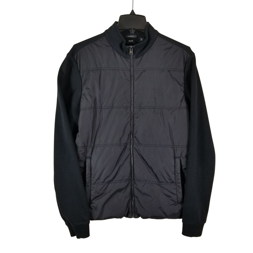 Hugo Boss Hybrid Jacket Mens Size L Black Quilted Front Knit Sleeves Regular Fit